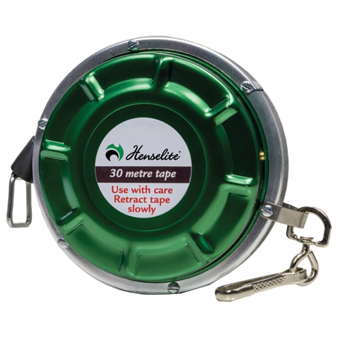 Henselite 30m Umpires Automatic Return Tape Measure in Metal Casing